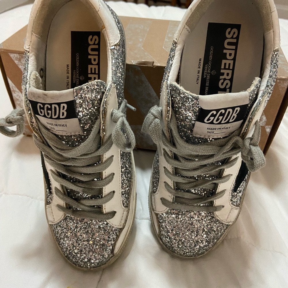 Golden Goose Shoes - Silver glitter and black suede star